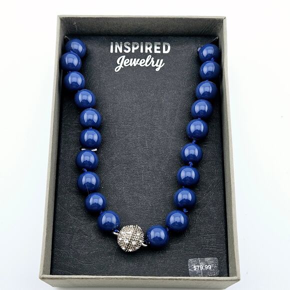 Blue Beaded Necklace Round Stone Silver Stardust Center Chunky Statement New - Picture 1 of 5